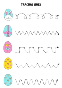Fiche graphisme Paques cinq lignes boucles zigzags vagues avec oeufs colores a imprimer