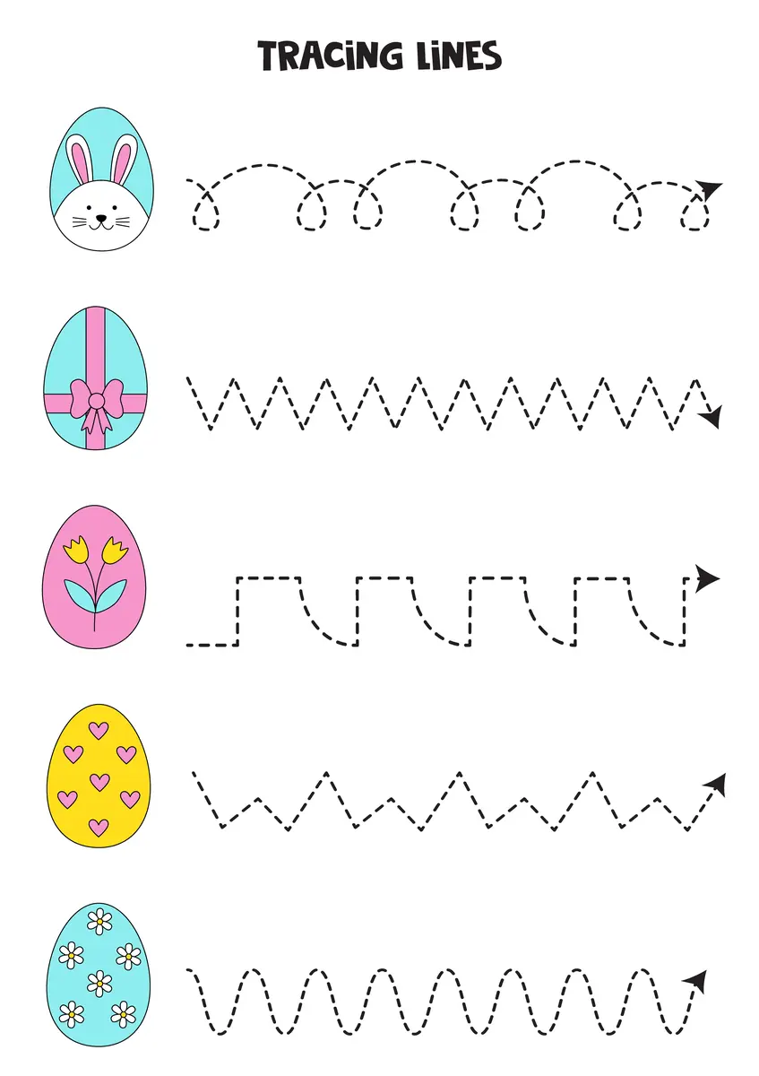 Fiche graphisme Paques cinq lignes boucles zigzags vagues avec oeufs colores a imprimer