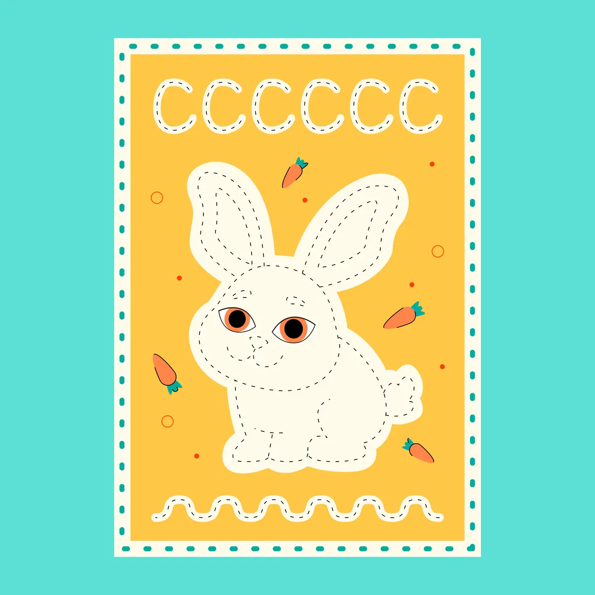 Fiche graphisme Paques contour lapin en pointilles et lettre C repetee a tracer a imprimer
