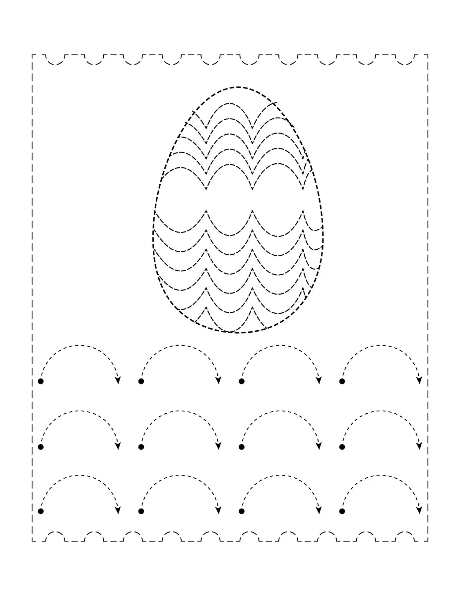 Fiche graphisme Paques oeuf a tracer avec vagues arcs pointilles departs et arrivees a imprimer
