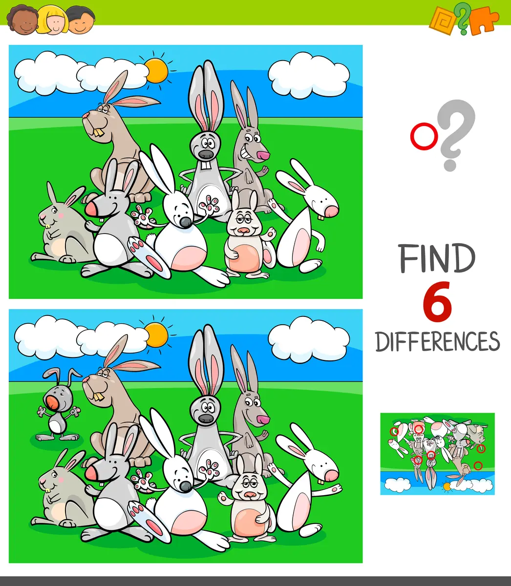 Jeu des differences Paques groupe de lapins de couleurs dans la prairie 6 differences a imprimer