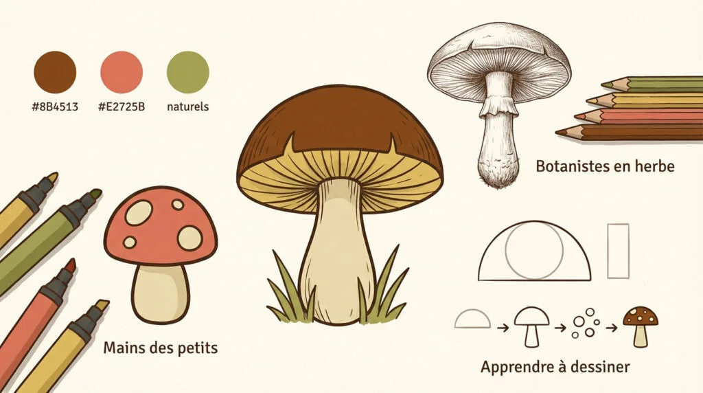 Illustration de différents styles de champignons à colorier et dessiner pour enfants