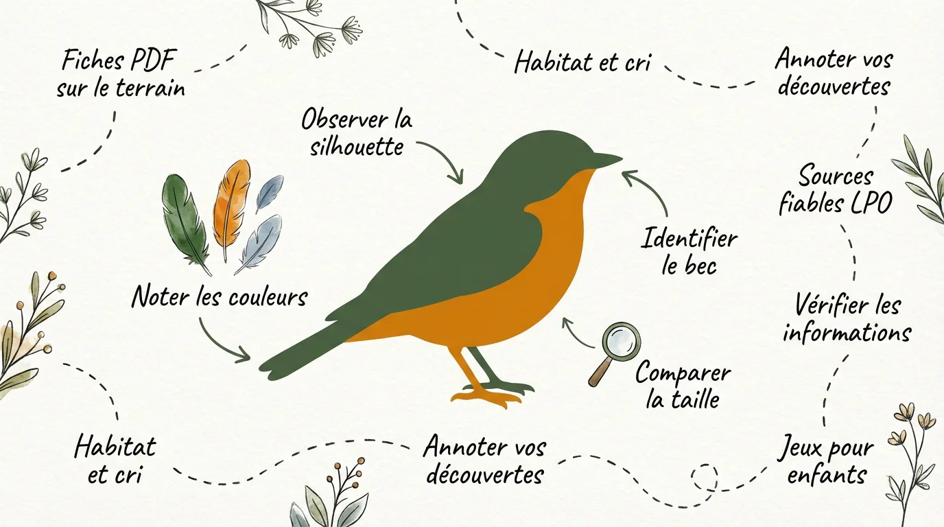 Illustration d'un oiseau avec flèches indiquant des critères d'identification (silhouette, bec, couleurs, taille). Des textes suggèrent l'usage de fiches PDF et sources LPO.