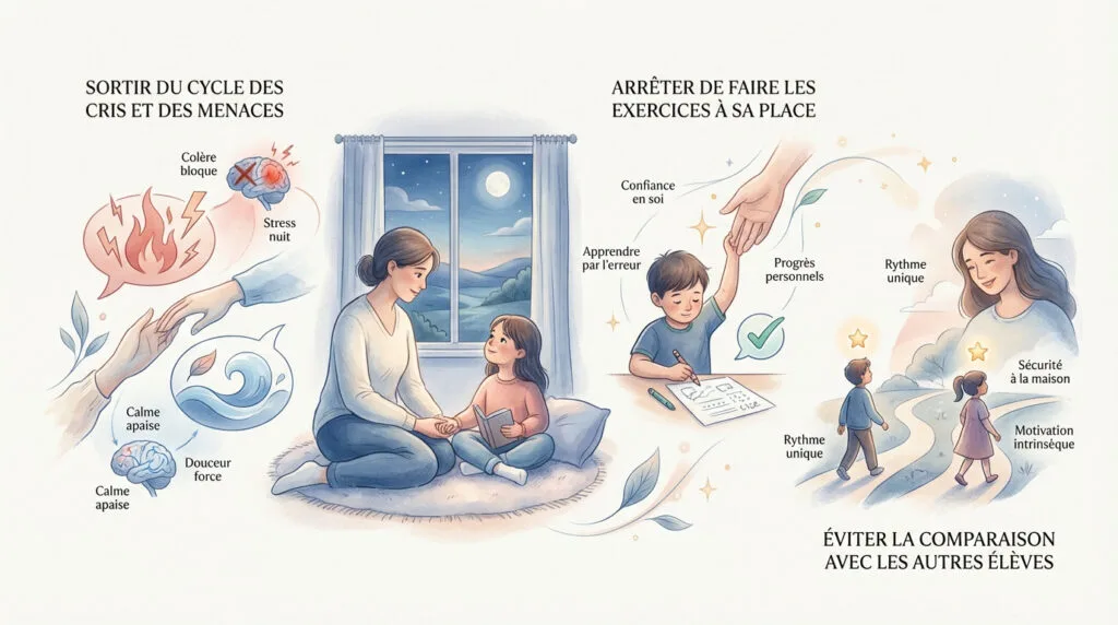 Maman accompagnant son enfant avec bienveillance pendant les devoirs