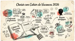 Infographie détaillant les critères pour choisir un cahier de vacances 2026, incluant conformité, activités et besoins spécifiques.