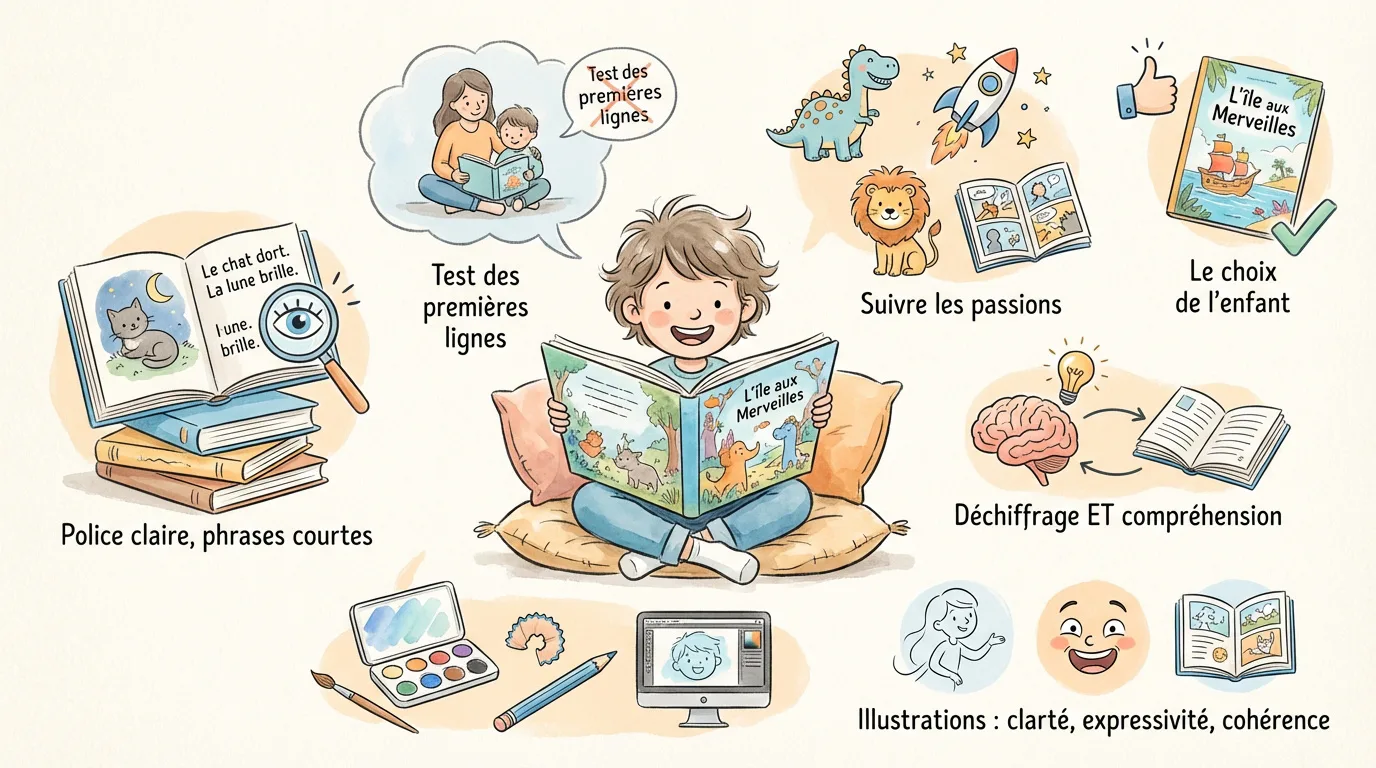 Infographie illustrant les critères de sélection de livres pour enfants : lisibilité, choix de l'enfant, intérêt, compréhension et qualité des illustrations.