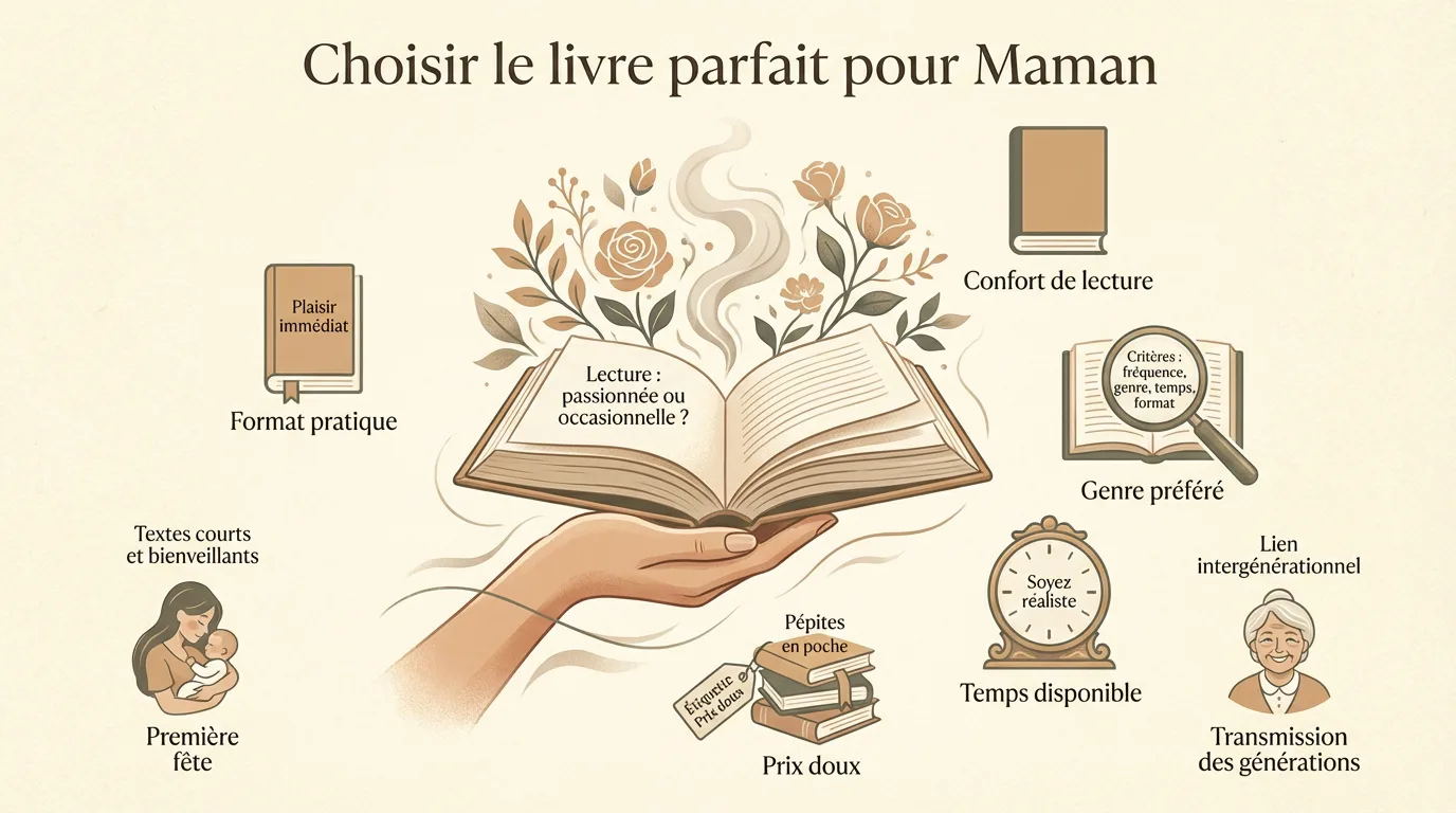 Infographie illustrant des conseils pour choisir le livre parfait pour Maman, avec des icônes représentant le format, le genre et l'occasion.
