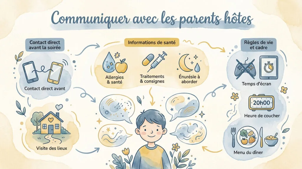Parents discutant de l'organisation d'une soirée pyjama pour enfants