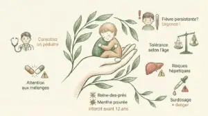 Infographie sur la sécurité des plantes médicinales pour enfants. Inclut conseils pédiatriques, avertissements sur mélanges, surdosage, et contre-indications spécifiques.