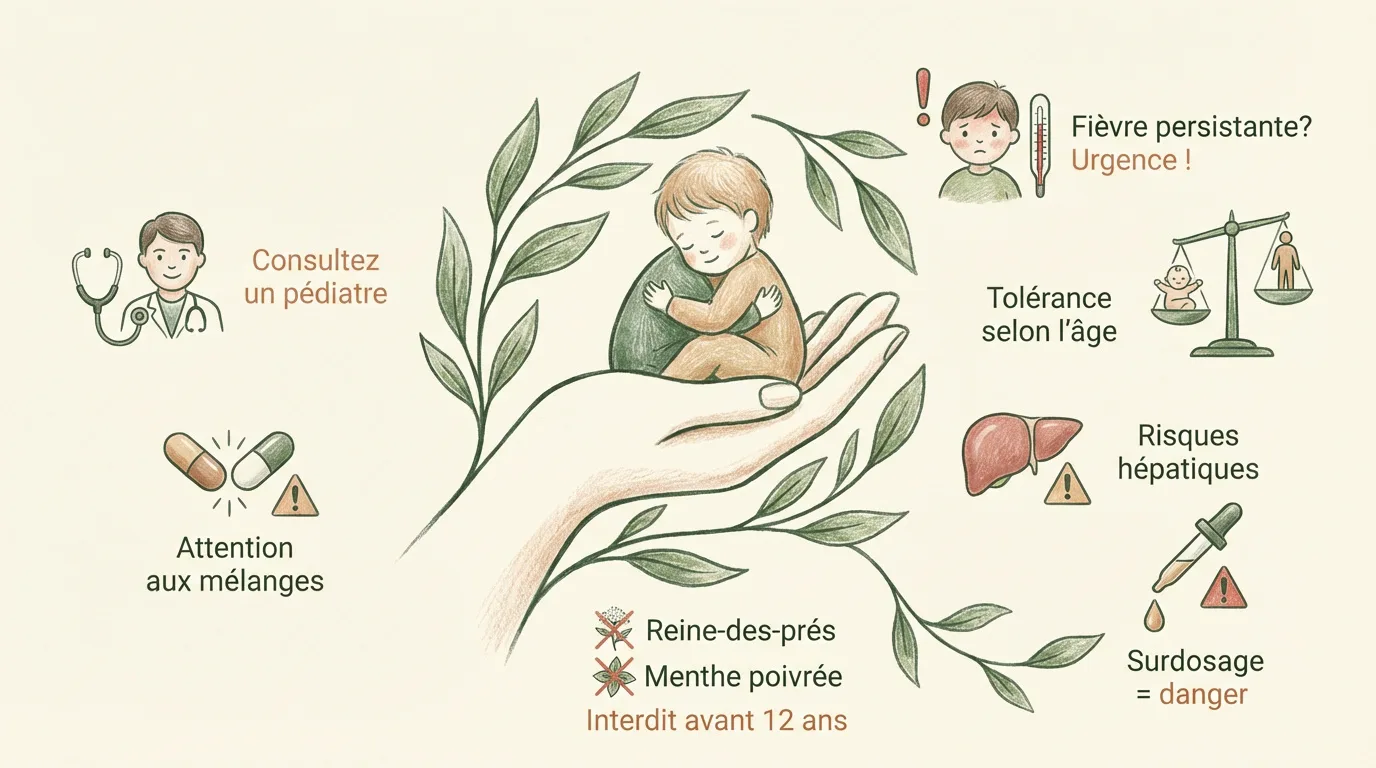 Infographie sur la sécurité des plantes médicinales pour enfants. Inclut conseils pédiatriques, avertissements sur mélanges, surdosage, et contre-indications spécifiques.