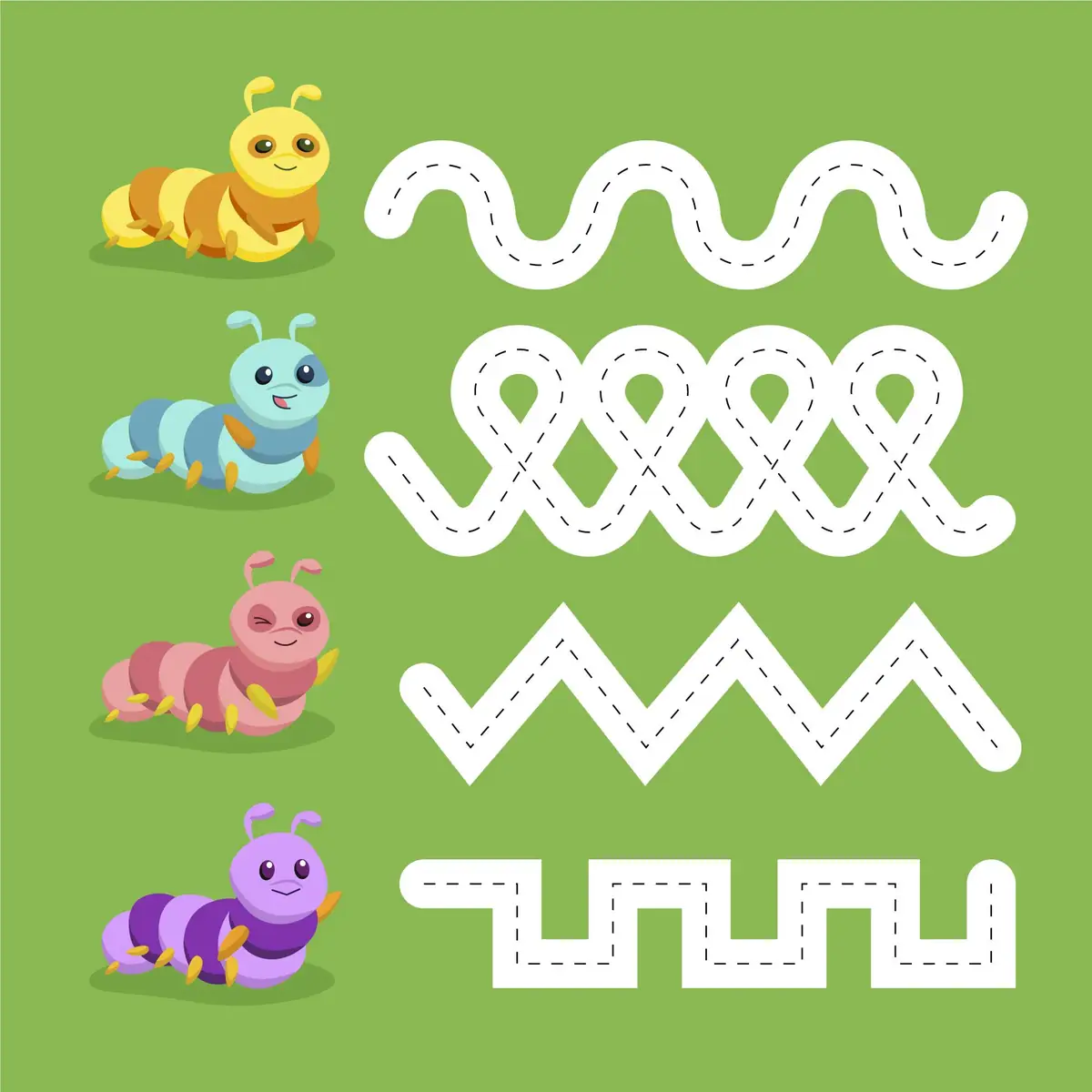 Fiche graphisme chenille avec traces vagues boucles zigzags et creneaux maternelle a imprimer