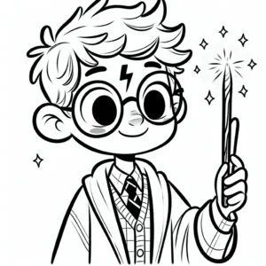 Coloriage portrait de Harry Potter avec lunettes rondes et baguette magique a imprimer