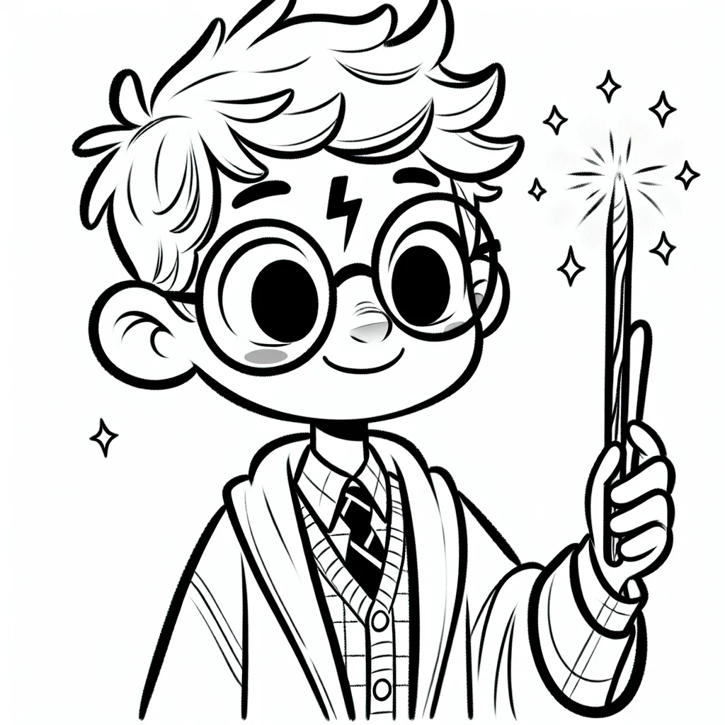 Coloriage portrait de Harry Potter avec lunettes rondes et baguette magique a imprimer