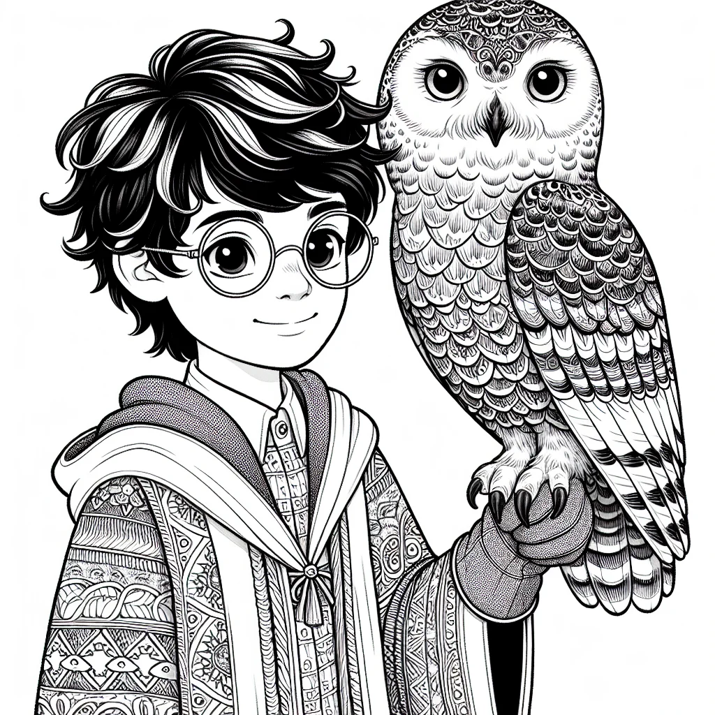 Coloriage Harry Potter avec sa chouette Hedwige sur le bras a imprimer