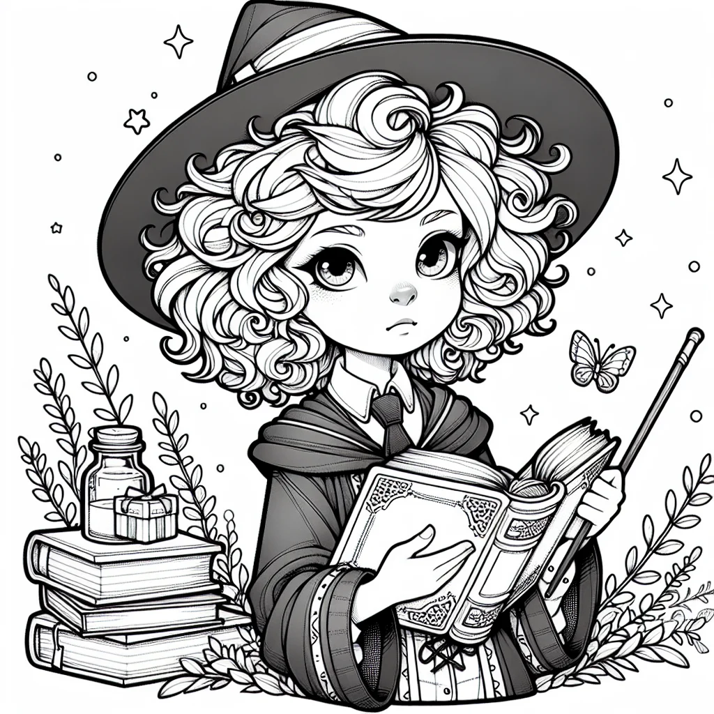 Coloriage Hermione Granger avec un livre de sorts et sa baguette a imprimer