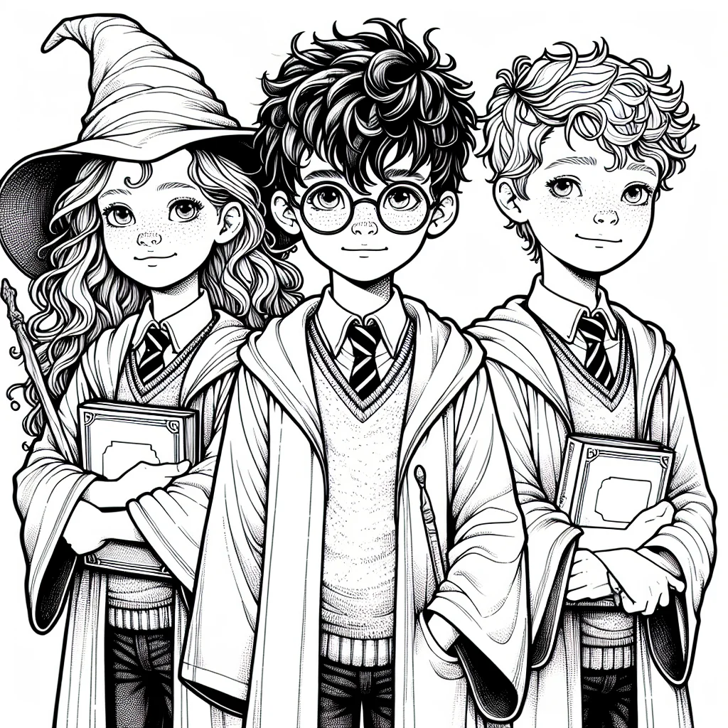 Coloriage du trio Harry Ron et Hermione en robes de sorcier a imprimer