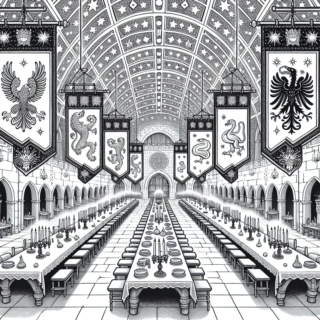 Coloriage de la Grande Salle de Poudlard avec chandelles flottantes a imprimer