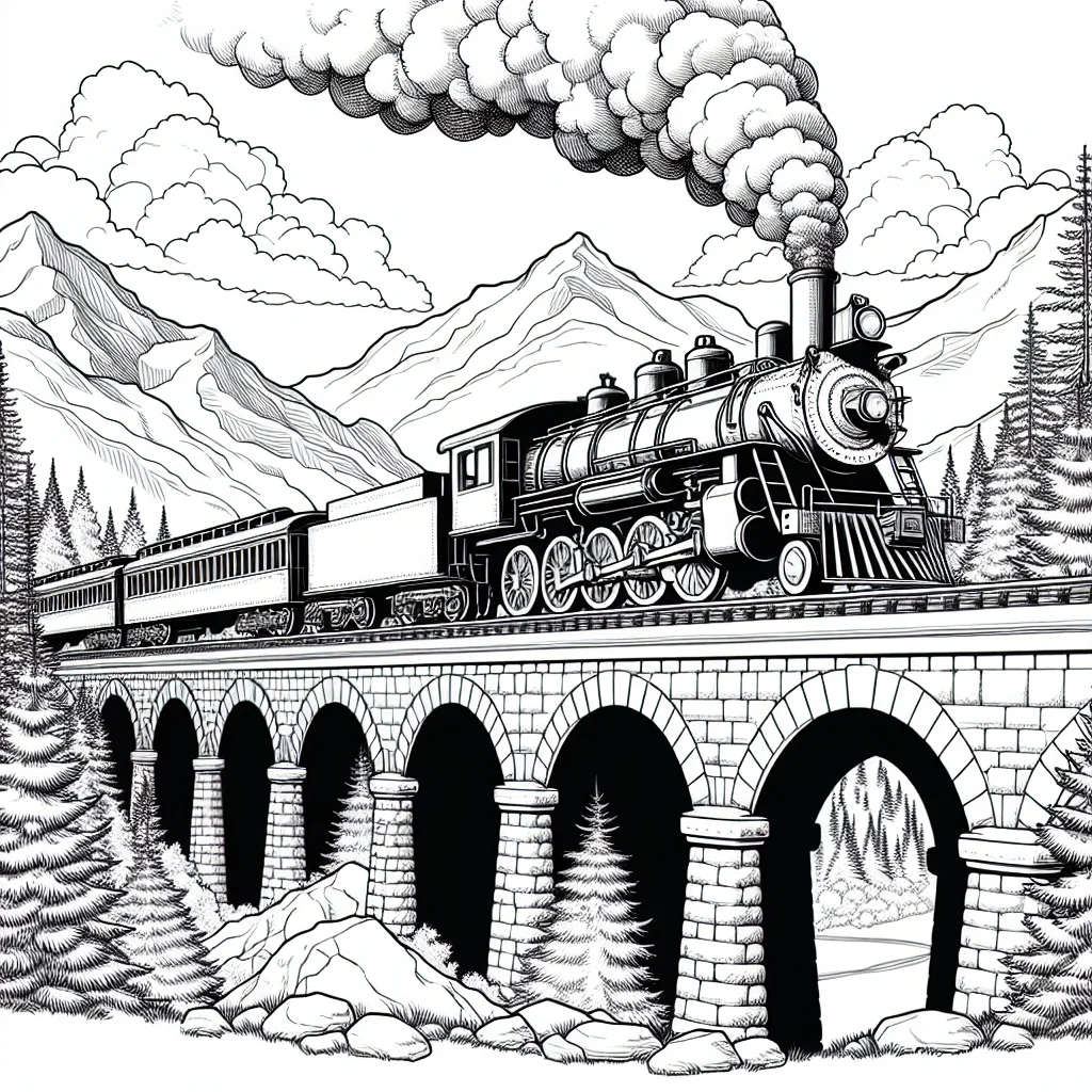 Coloriage du Poudlard Express locomotive a vapeur sur un viaduc a imprimer