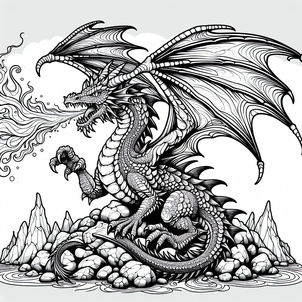 Coloriage dragon cracheur de feu avec ailes deployees a imprimer