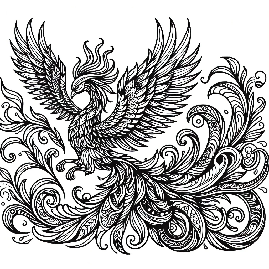 Coloriage phenix majestueux aux plumes detaillees et flammes a imprimer