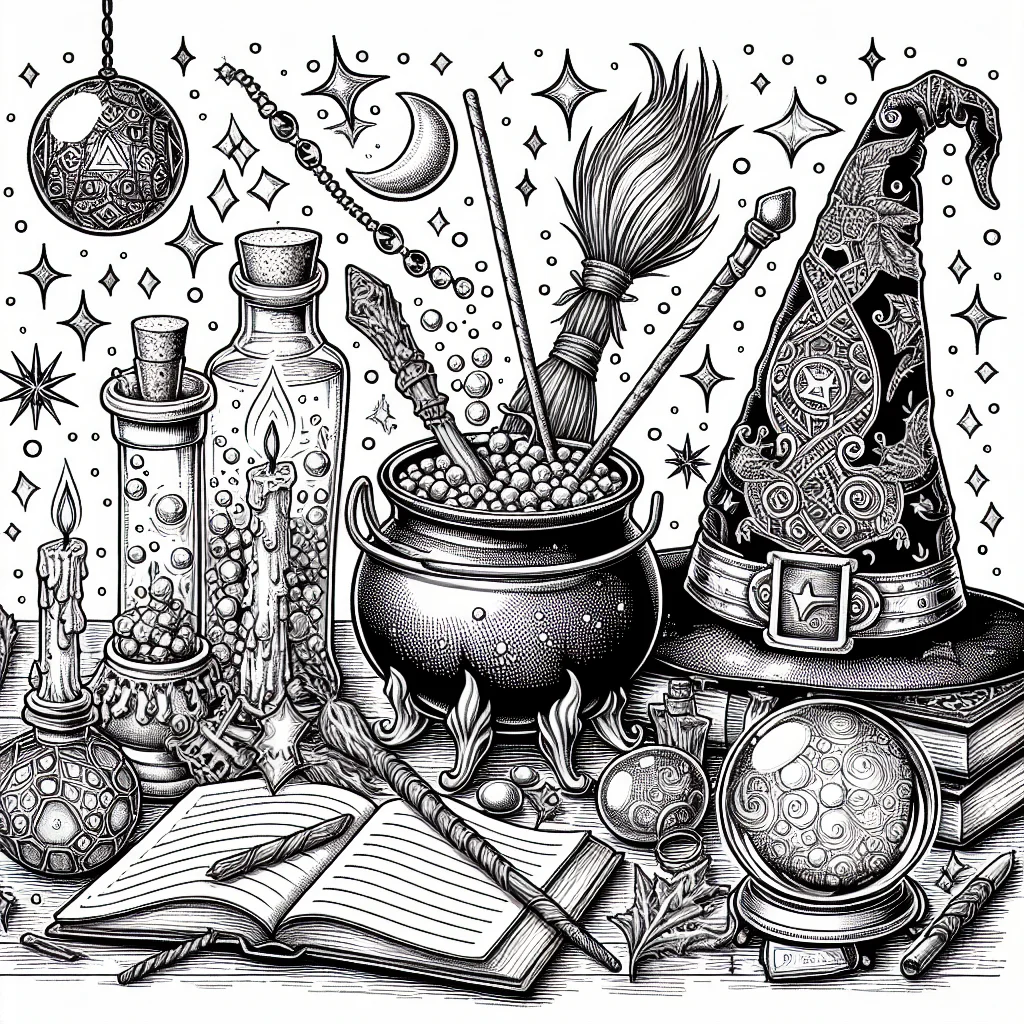Coloriage objets magiques chapeau chaudron baguette balai et grimoire a imprimer