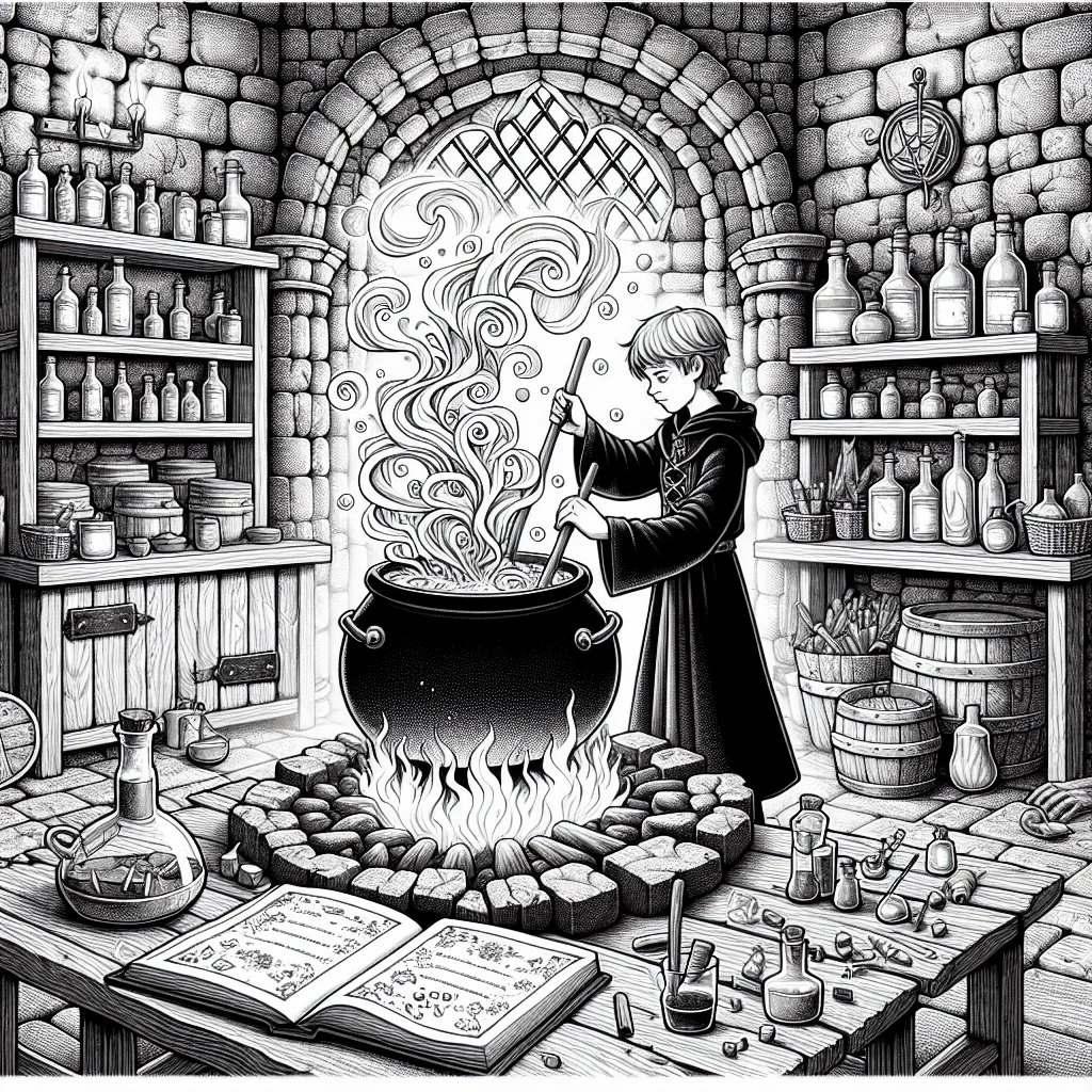 Coloriage cours de potions avec chaudron bouillonnant et fioles a imprimer