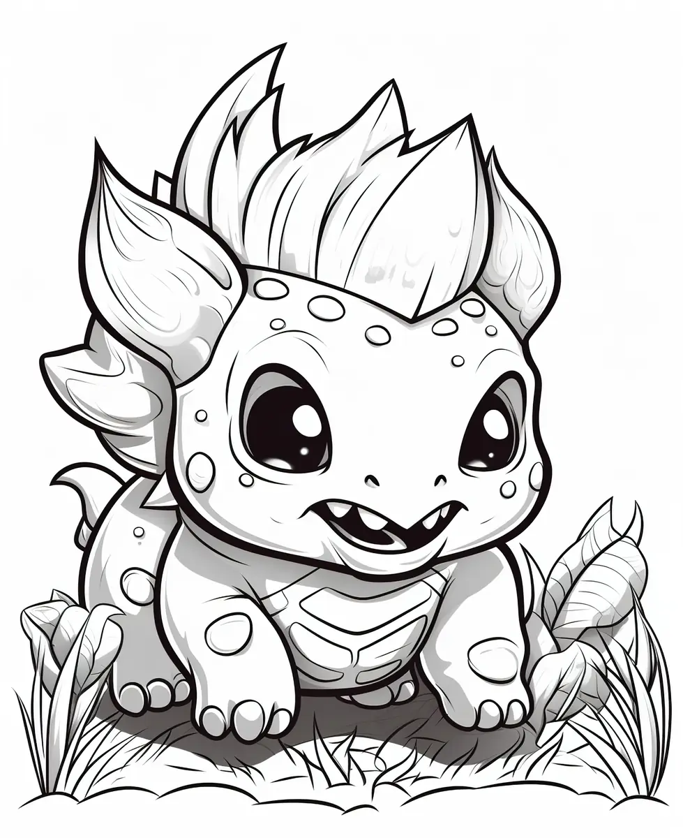 Coloriage petit dinosaure style Bulbizarre à imprimer