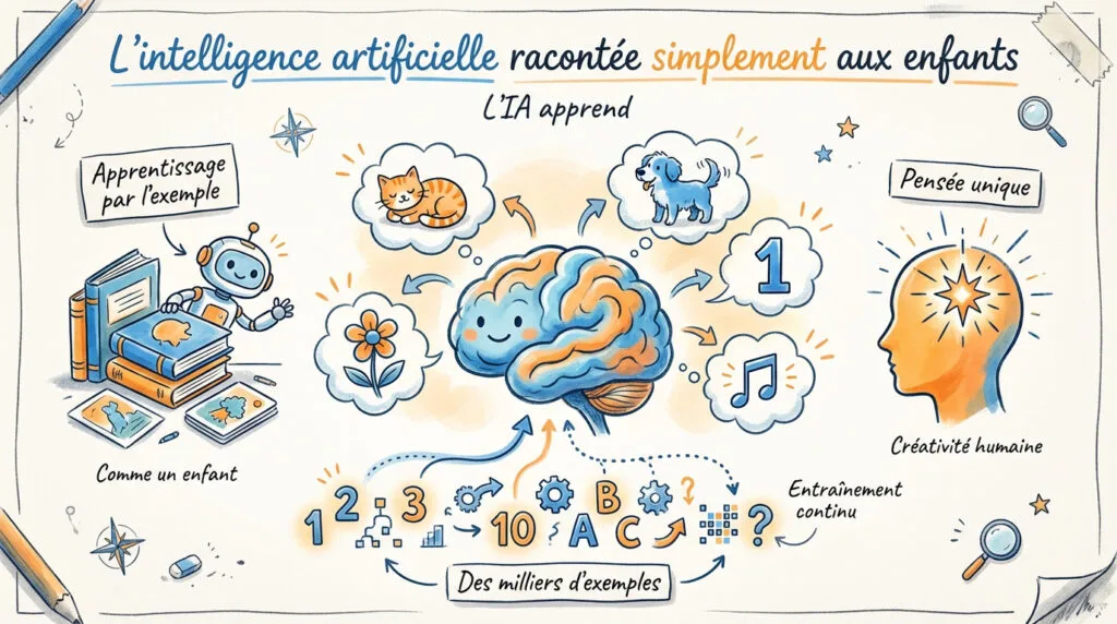 Illustration de l'intelligence artificielle expliquée aux enfants avec des robots et des circuits colorés