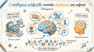 Schéma ludique expliquant l'apprentissage de l'IA aux enfants, avec un cerveau souriant, un robot, et la créativité humaine.