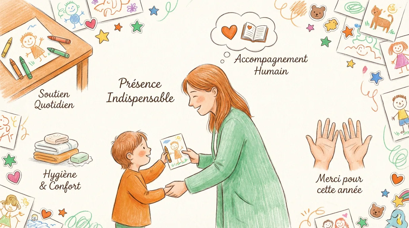 Illustration joyeuse d'une ATSEM recevant un dessin d'enfant, entourée d'éléments symbolisant son rôle essentiel: soutien, hygiène, accompagnement et merci.