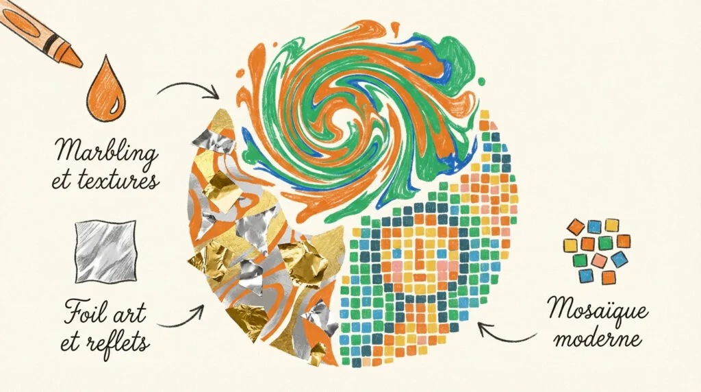 Enfants réalisant des activités de marbling et de mosaïque en papier coloré