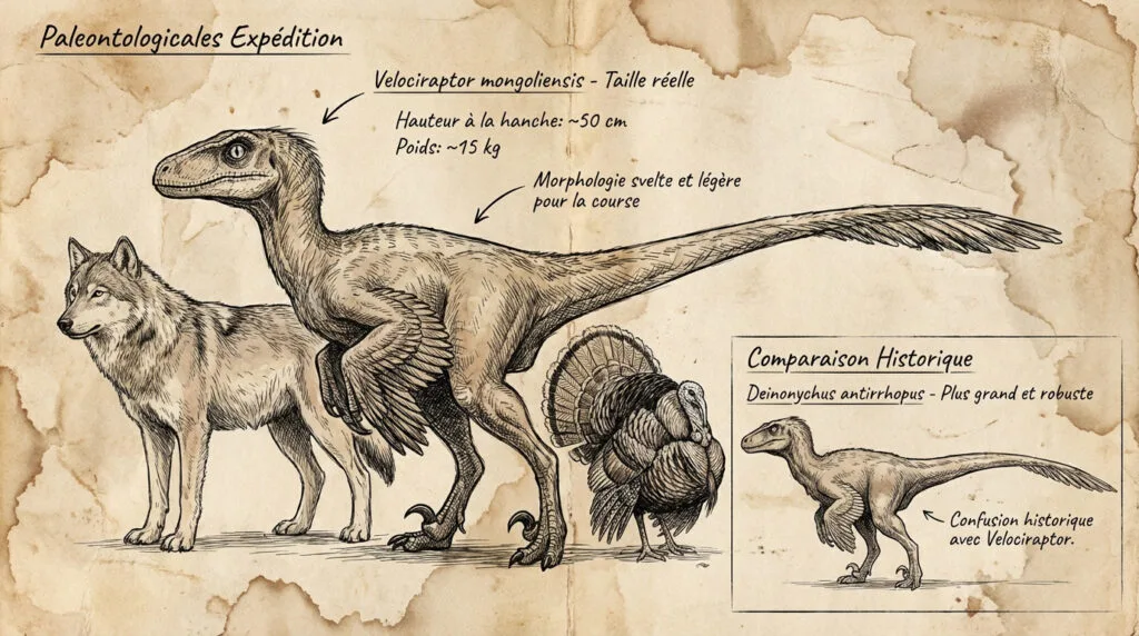 Comparaison entre la taille réelle d'un vélociraptor à plumes et sa représentation cinématographique