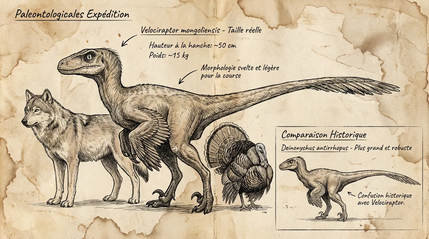 Illustration du Velociraptor mongoliensis de taille réelle (~50cm, 15kg) comparé à un loup et une dinde. Inclut un Deinonychus.