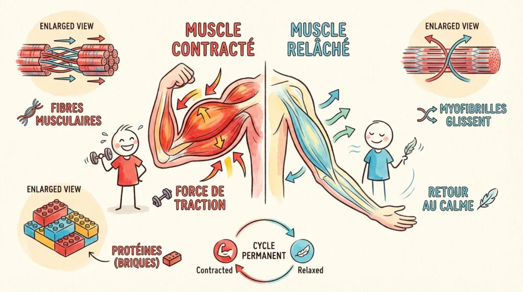 Schéma montrant la contraction et le relâchement des muscles du bras