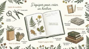 Illustration montrant l'équipement nécessaire pour créer un herbier : outils de cueillette, matériaux de pressage, carnet.