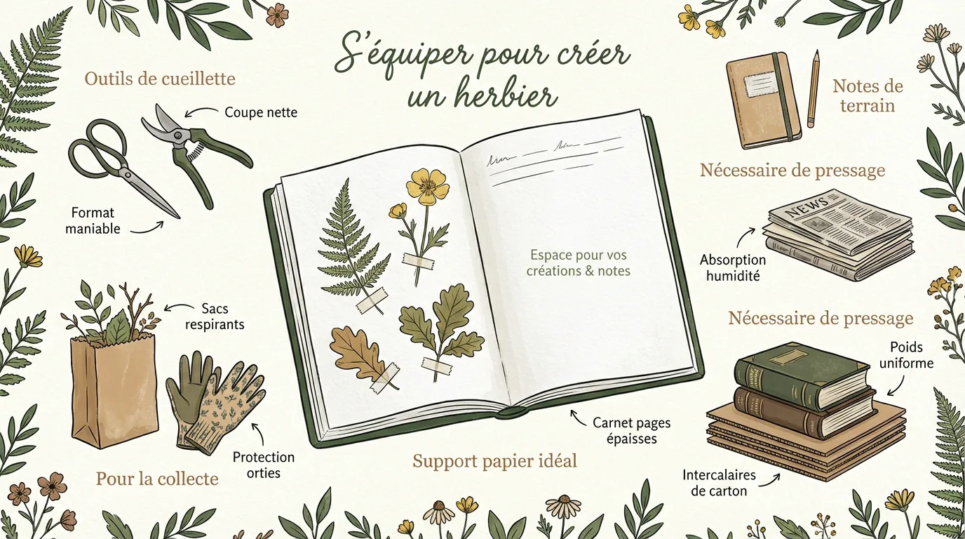 Illustration montrant l'équipement nécessaire pour créer un herbier : outils de cueillette, matériaux de pressage, carnet.