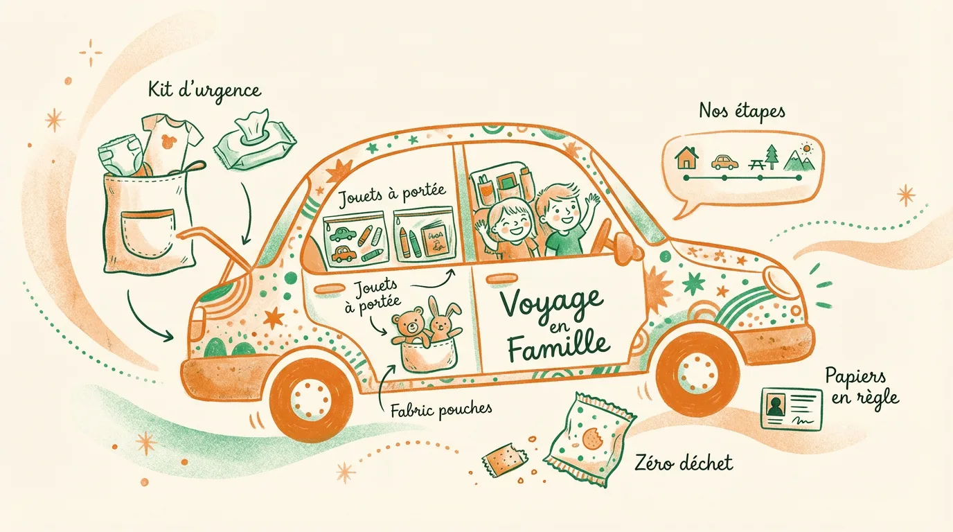 Illustration d'une voiture décorée avec des enfants souriants, montrant des astuces pour voyager en famille : kit d'urgence, jouets, étapes et documents.