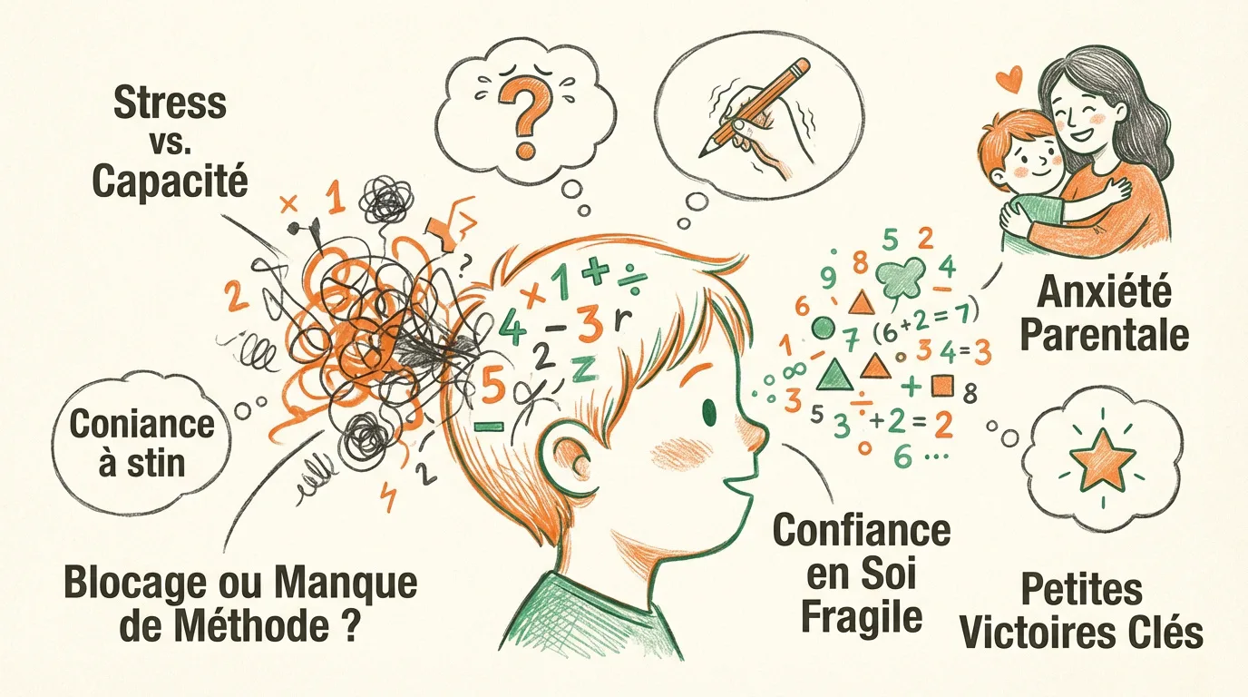 Illustration montrant la tête d'un enfant et des pensées liées aux maths: stress, confiance, anxiété parentale, petites victoires.