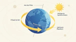 Illustration de la Terre tournant sur son axe d'ouest en est en 24h, avec le Soleil. Indique l'axe des pôles et la vitesse à l'équateur.