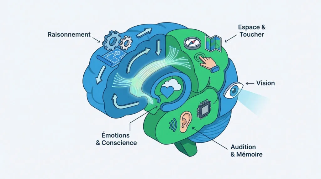 Schéma isométrique des différentes zones fonctionnelles du cerveau humain