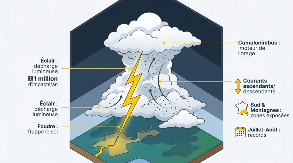 Illustration isométrique d'un orage avec des éclairs frappant le sol