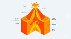 Diagramme simplifié d'un volcan en coupe, montrant le magma, la cheminée, le cratère et l'éruption. Labels en français.