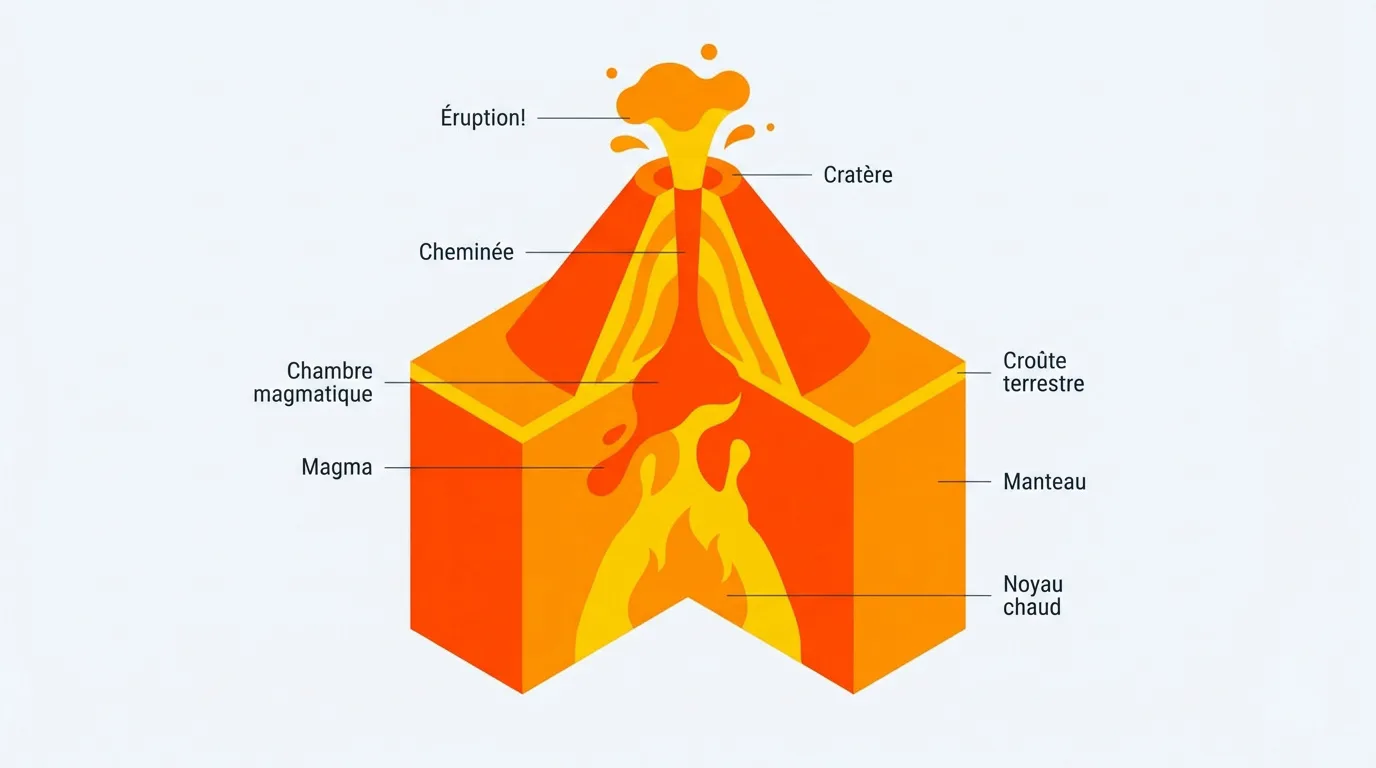 Diagramme simplifié d'un volcan en coupe, montrant le magma, la cheminée, le cratère et l'éruption. Labels en français.