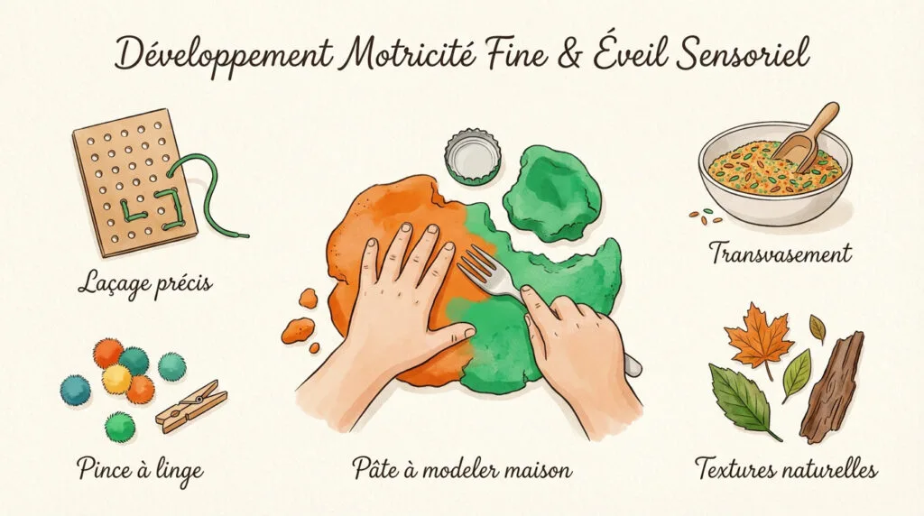 Enfant manipulant de la pâte à modeler colorée pour développer sa motricité fine