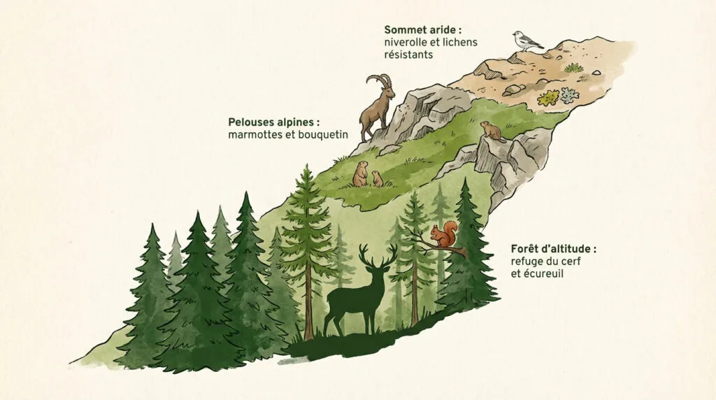 Illustration d'un écosystème montagnard avec ses zones d'altitude : forêt (cerf, écureuil), pelouses alpines (marmottes, bouquetin), sommet aride (niverolle).