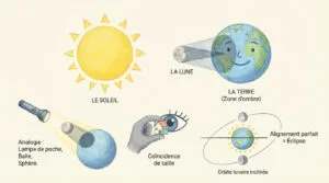Illustration didactique expliquant l'éclipse solaire avec Soleil, Terre, Lune, zones d'ombre, analogies concrètes et orbite lunaire.