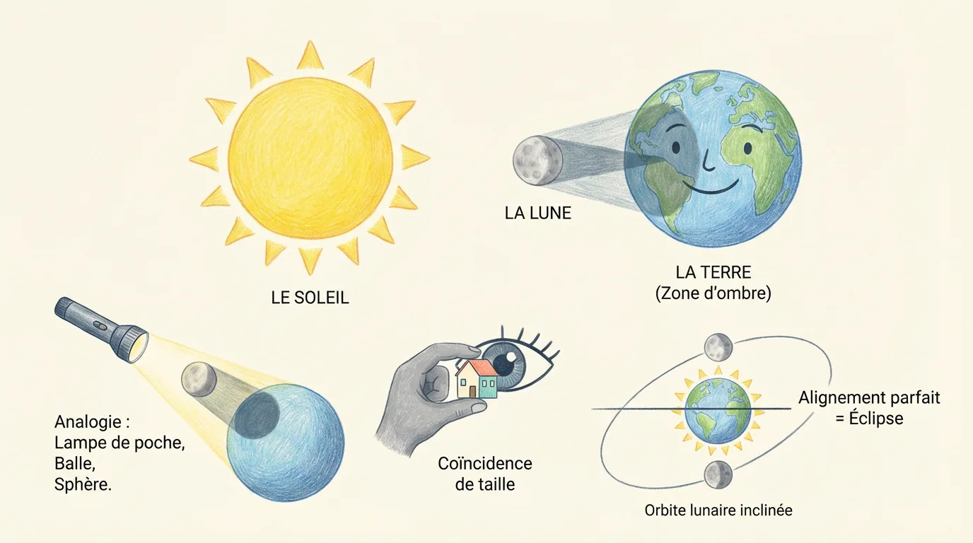 Illustration didactique expliquant l'éclipse solaire avec Soleil, Terre, Lune, zones d'ombre, analogies concrètes et orbite lunaire.
