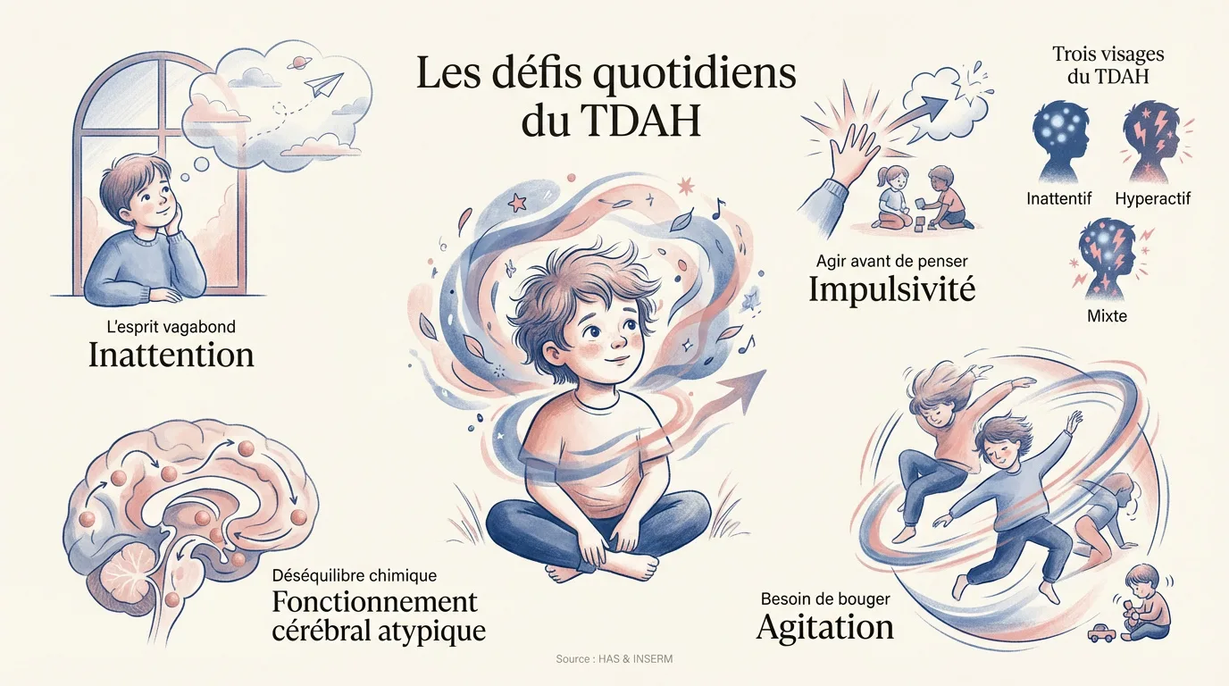 Infographie sur le TDAH chez l'enfant: inattention, impulsivité, agitation, fonctionnement cérébral atypique et les trois types.