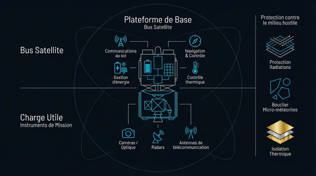 Schéma technique détaillant la structure interne et les panneaux solaires d'un satellite artificiel