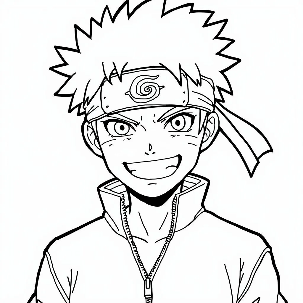 Coloriage portrait de Naruto Uzumaki souriant avec bandeau a imprimer